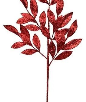 31  Red Glittered Bay Leaf Spray Hot on Sale